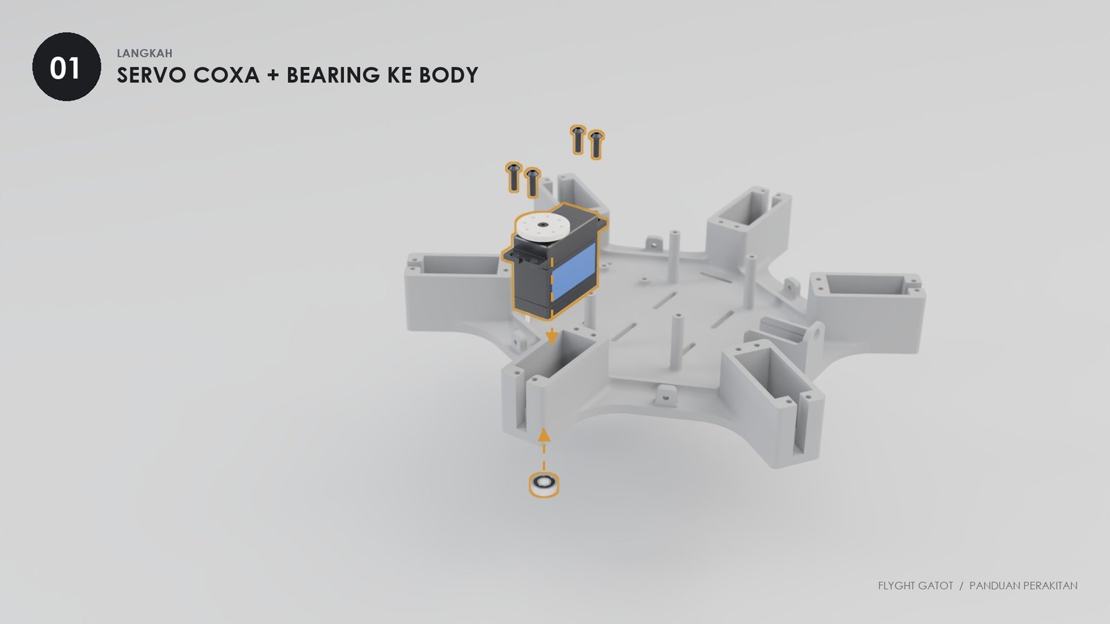 Servo MG996R melayang di atas rumah servo Body, bearing di bawahnya